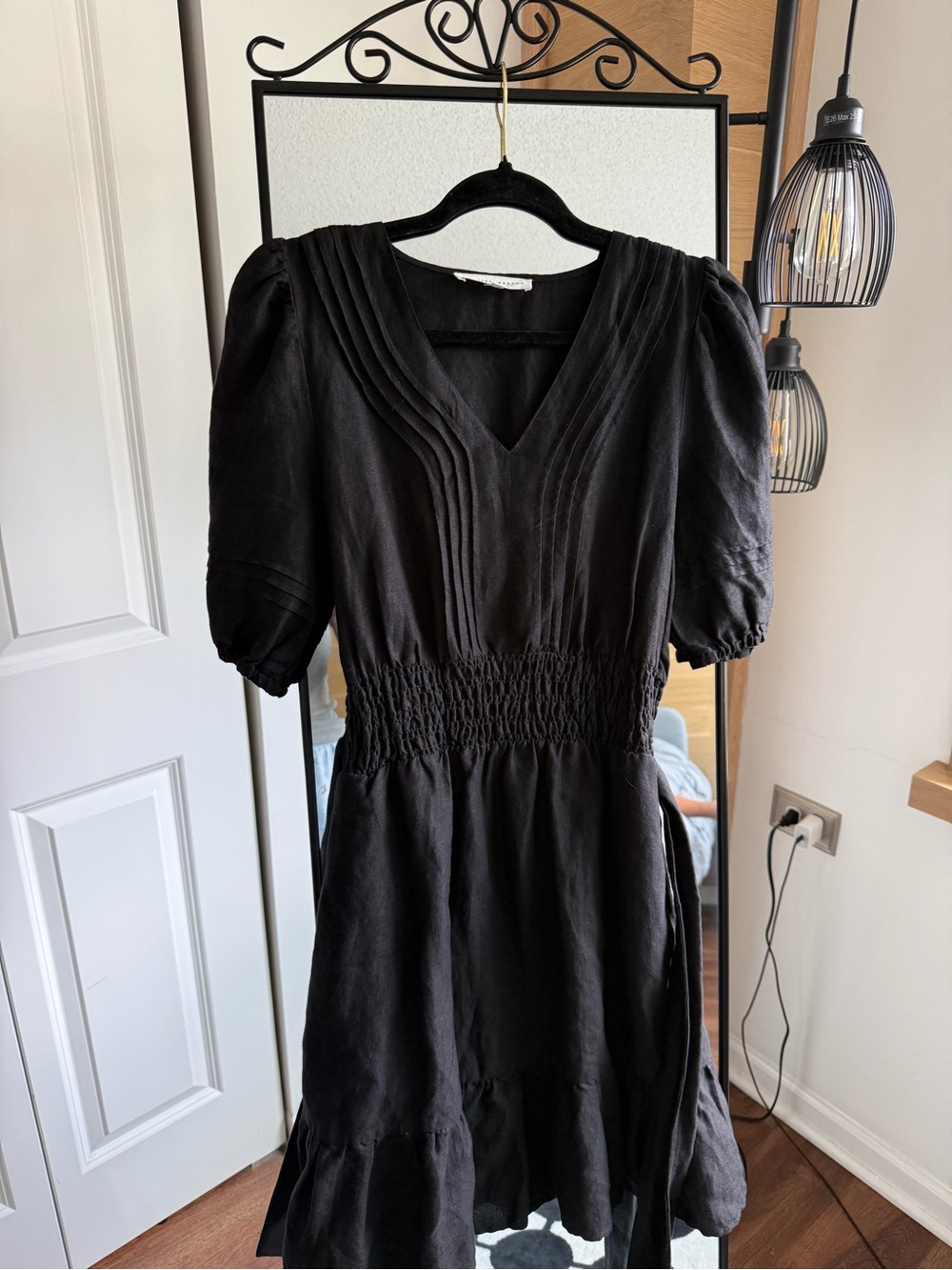 Black V-Neck Smocked Waist Women's Dress